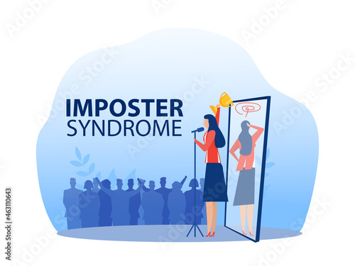 Imposter syndrome.woman standing for her present profile with get award. Anxiety and lack of self confidence at work; the person fakes is someone else concept