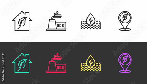 Set line Eco friendly house, Factory, Water energy and Location with leaf on black and white. Vector