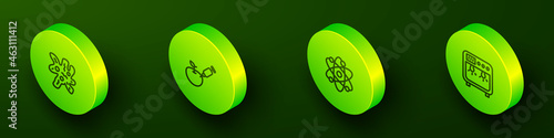 Set Isometric line Cell, Genetically modified apple, Atom and Biosafety box icon. Vector