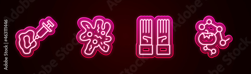 Set line Syringe, Cell, Medical rubber gloves and Genetically modified food. Glowing neon icon. Vector