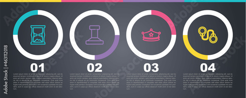 Set line Old hourglass, Stamp, Police cap with cockade and Handcuffs. Business infographic template. Vector