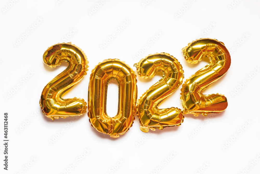 2022 golden foil balloons on white background. Gold helium balloon numbers. Happy New Year 2022. 2022 golden foil balloons on white background. Gold helium balloon numbers. Happy New Year 2022.