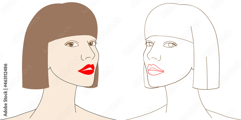 Portrait of female model with colored and outline face,  Woman face. Continuous line drawing. 