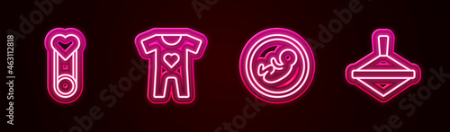Set line Baby clothes pin, , and Whirligig toy. Glowing neon icon. Vector