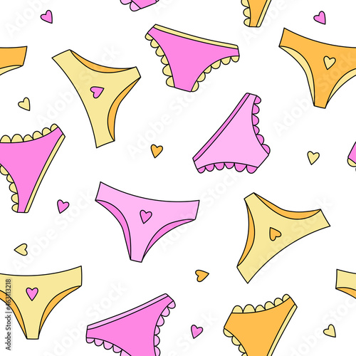 Seamless pattern with cute panties. Vector Positive Period texture. Pattern with hand drawn Pants.