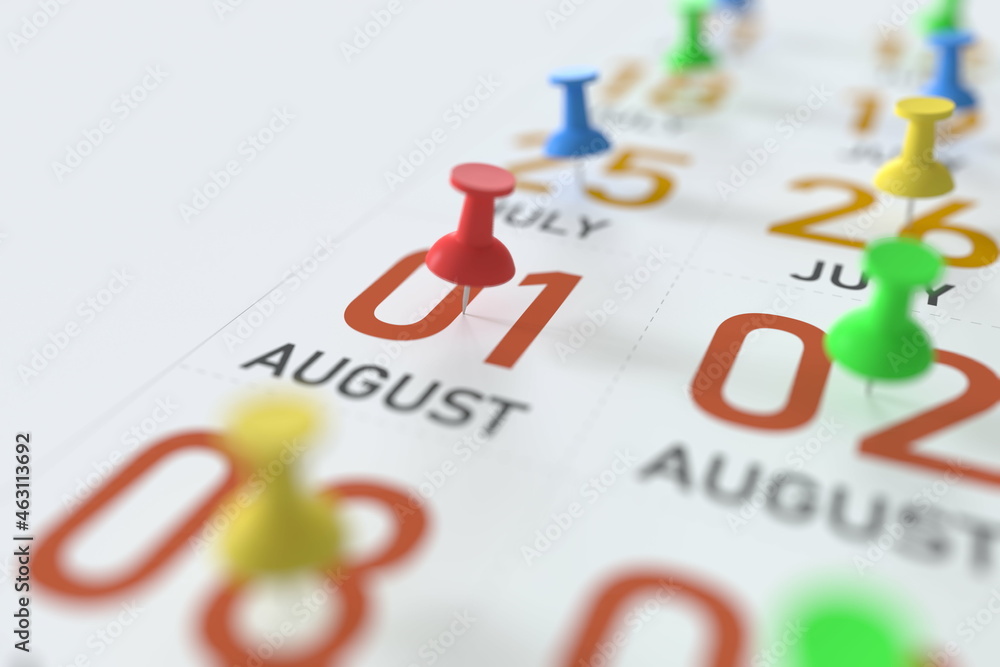 August 1 date marked with red pushpin on a calendar, 3D rendering August 1 date marked with red pushpin on a calendar, 3D rendering