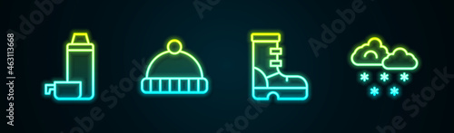 Set line Thermos container, Winter hat, Waterproof rubber boot and Cloud with snow. Glowing neon icon. Vector