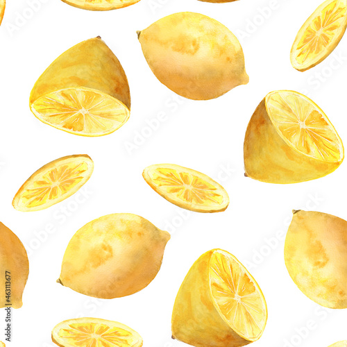 Watercolor lemons seamless pattern; fabric or paper surface lemons decoration