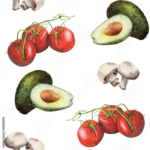Watercolor seamless pattern with avocado, champignons and tomatoes; kitchen or dinner cafe decoration pattern; vegetarian pattern 