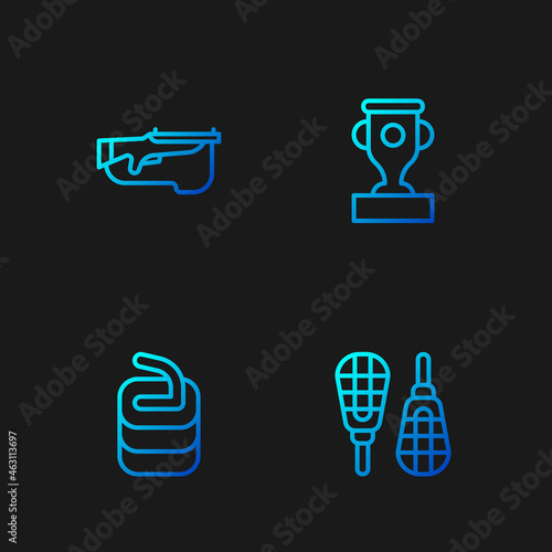 Set line Snowshoes, Stone for curling, Biathlon rifle and Award cup. Gradient color icons. Vector