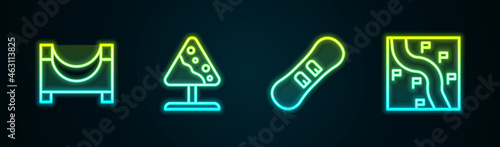 Set line Skate park, Road sign avalanches, Snowboard and Route location. Glowing neon icon. Vector