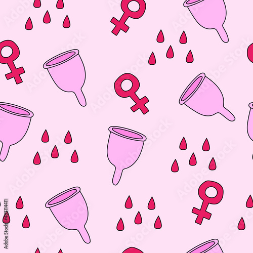 Menstrual cup. Feminine hygiene product. Zero waste object. Menstrual protection, feminine hygiene. Hand drawn vector illustration. Seamless pattern