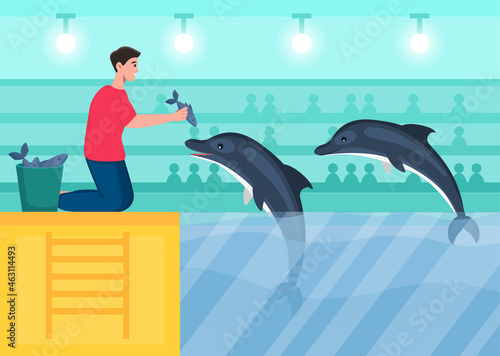 Employee feeds dolphins. Man gives fish to trained killer whales. Show at dolphinarium. People look at performance of animals. Cartoon modern flat vector illustration isolated on light background