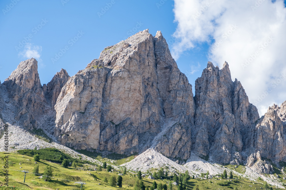 Alta Badia (Dolomiti) - August: Beautiful summer mountain view of Passo Sella and high peak Sassopiatto and Sassolungo, Langkofel, Dolomiti, Sella group.