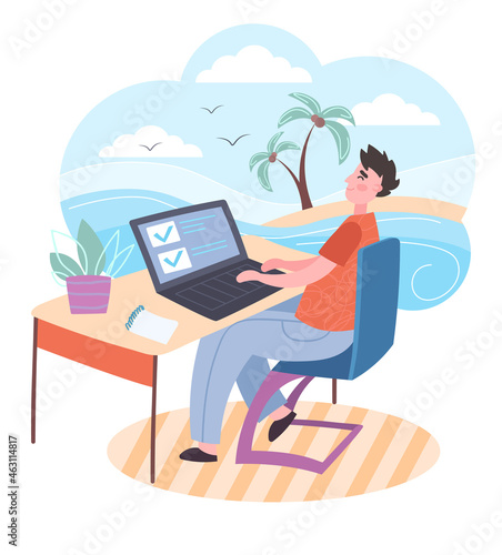 Office employee dreams of vacation at sea. Man sits at his desk and imagines beach and sea around him. Waiting for break from work. Cartoon flat vector illustration isolated on white background