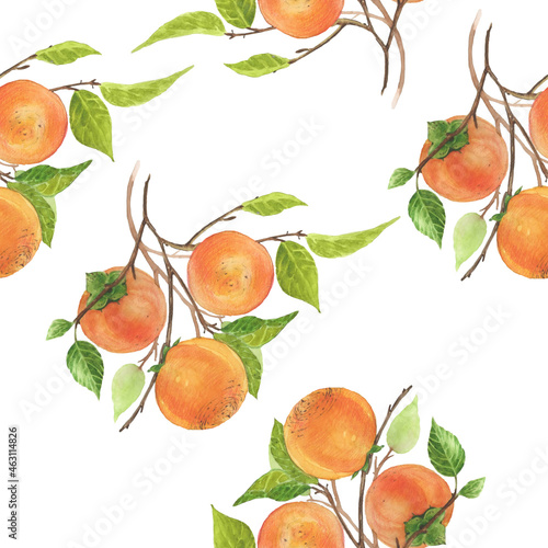 Seamless pattern with persimmon branch. Watercolor hand drawn