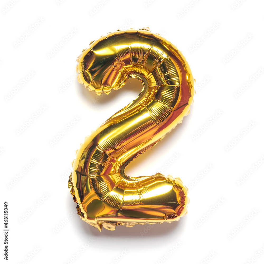 Foil gold balloon number 2 two on white background. | Uwalls.co.uk