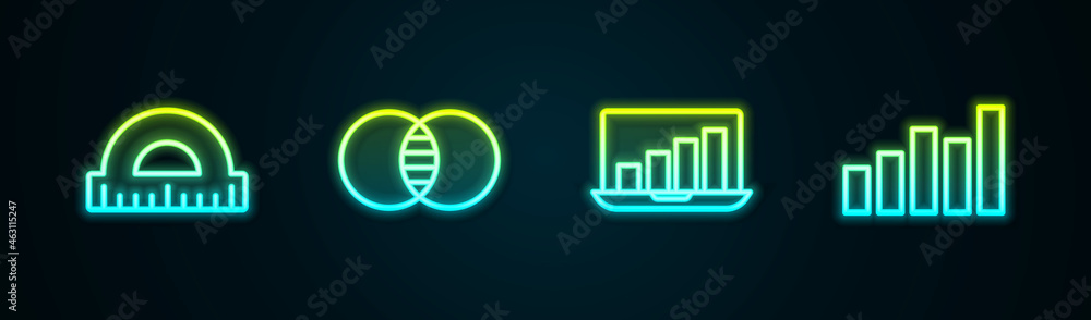 Set line Protractor, Mathematics sets A and B, Laptop with graph chart and Graph, schedule, chart, diagram. Glowing neon icon. Vector Set line Protractor, Mathematics sets A and B, Laptop with graph chart and Graph, schedule, chart, diagram. Glowing neon icon. Vector