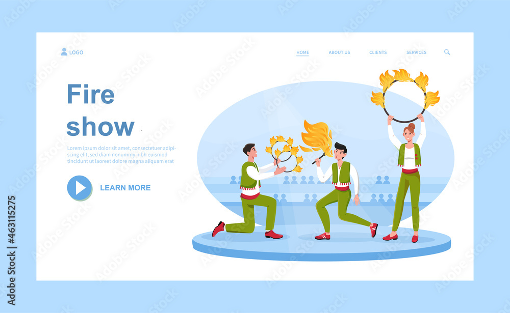 Fire Show concept. Gymnasts in beautiful costumes do trick with burning rings. Interesting entertainment. Juggler with flame. Landing page. Cartoon flat vector illustration isolated on blue background