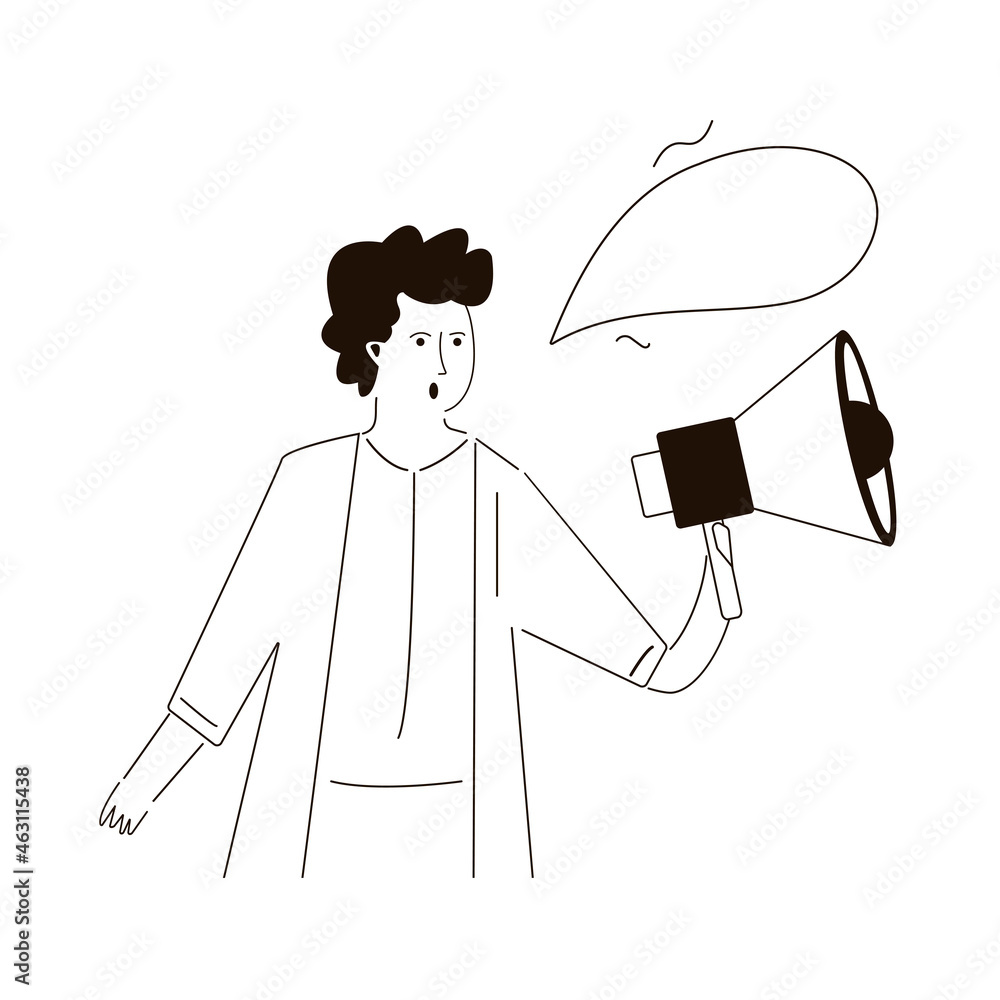 Male promoter with megaphone announce about sale. Cartoon man messaging and advertising about discount. Cheap shopping and purchase concept Male promoter with megaphone announce about sale. Cartoon man messaging and advertising about discount. Cheap shopping and purchase concept