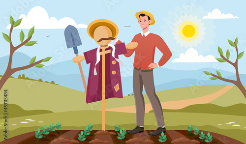 Gardener makes scarecrow concept. Farmer sets up stuffed animal in garden to scare away birds and rodents. Crop protection from pests. Cartoon flat vector illustration with colorful background