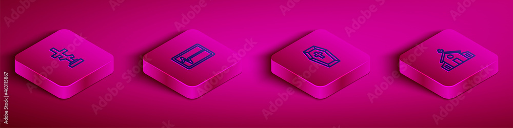 Set Isometric line Grave with cross, Beat dead in monitor, Coffin and Church building icon. Vector Set Isometric line Grave with cross, Beat dead in monitor, Coffin and Church building icon. Vector