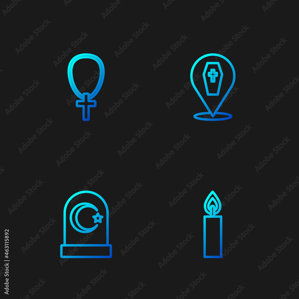 Set line Burning candle, Muslim cemetery, Christian cross on chain and Coffin with. Gradient color icons. Vector Set line Burning candle, Muslim cemetery, Christian cross on chain and Coffin with. Gradient color icons. Vector