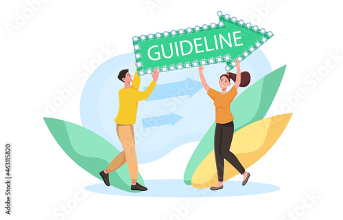Brand communication guideline concept. Man and woman hold large arrow with inscription. Development of corporate identity. Cartoon modern flat vector illustration isolated on white background
