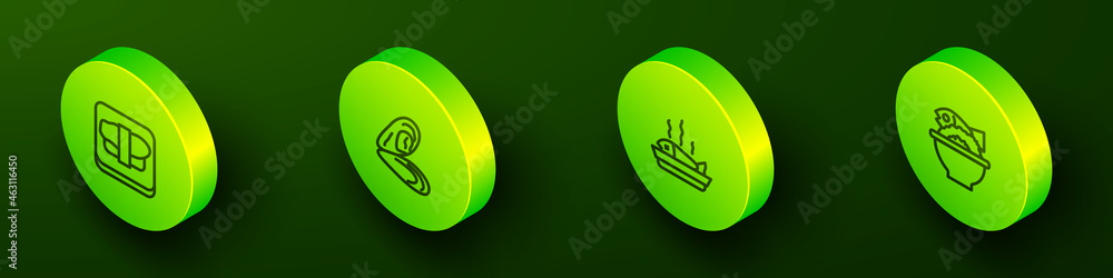 Set Isometric line Sushi on cutting board, Mussel, Served fish plate and bowl icon. Vector Set Isometric line Sushi on cutting board, Mussel, Served fish plate and bowl icon. Vector