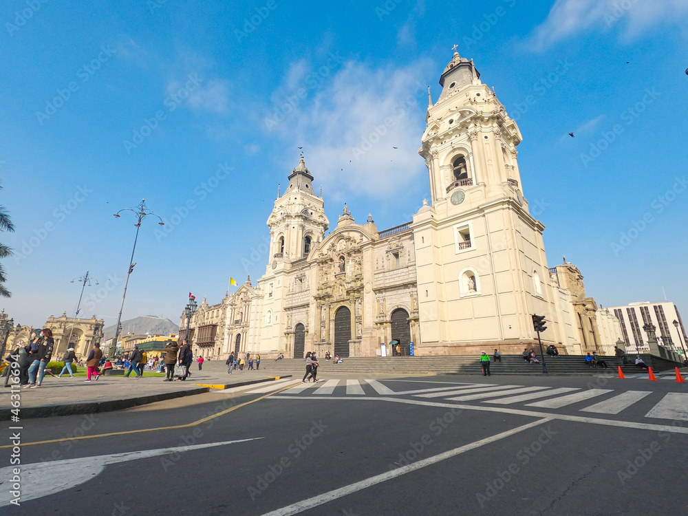 Lima Cathedral located in the historic Plaza Mayor, which preserves its impressive European architecture, wide angle view, OCTOBER 2021