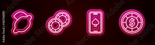 Set line Casino slot machine with lemon, chips, Online poker table game and . Glowing neon icon. Vector