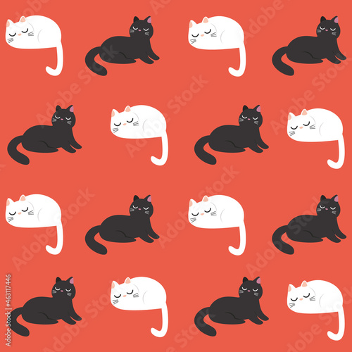 Fototapeta Naklejka Na Ścianę i Meble -  Vector pattern. Funny cute white and black cats are sleeping. Children's drawing for printing on postcards, fabric, gift paper