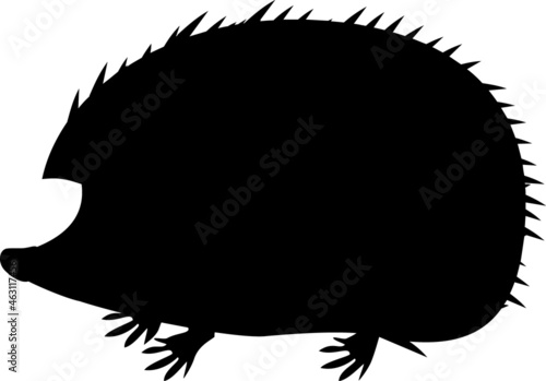 Black silhouette of cartoon hedgehog isolated on white background