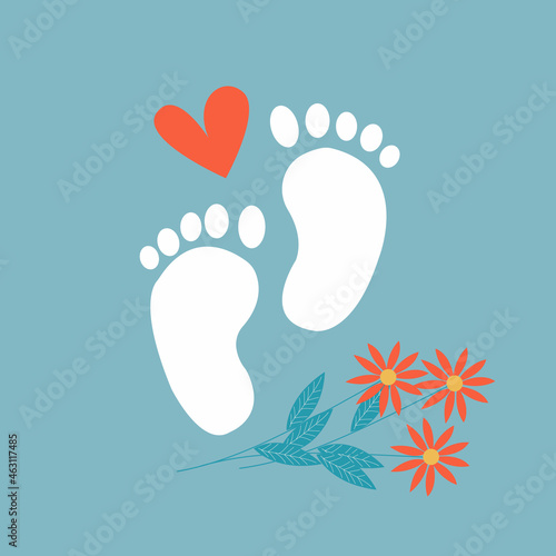 Baby feet with a bouquet of flowers and a middle. Vector illustration on a blue background