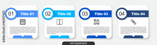 Set line Bathroom scales, Depth measurement, Scale with suitcase and Construction bubble level. Business infographic template. Vector