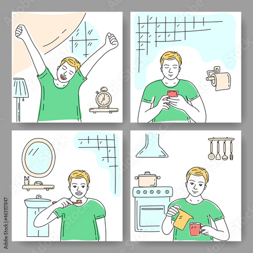 Young man doing morning routine. Daily rituals. Hand drawn doodle vector illustration. Man wakes up early, sits on the toilet, brushing teeth, preparing breakfast. Bundle of daily life scenes