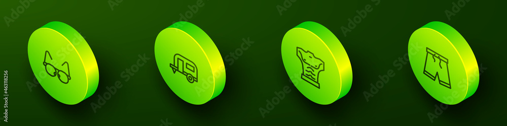 Set Isometric line Glasses, Rv Camping trailer, Bodybuilder muscle and Swimming trunks icon. Vector Set Isometric line Glasses, Rv Camping trailer, Bodybuilder muscle and Swimming trunks icon. Vector