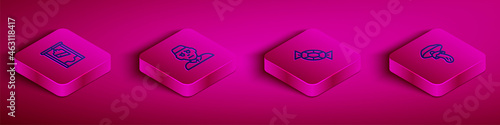 Set Isometric line Guillotine, Priest, Candy and Psilocybin mushroom icon. Vector