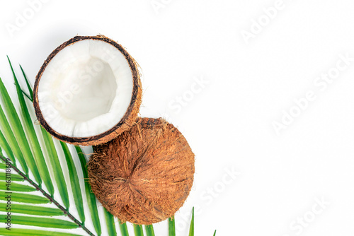 Flat lay composition with coconuts and green leaf on white background. Minimalism. Copy space