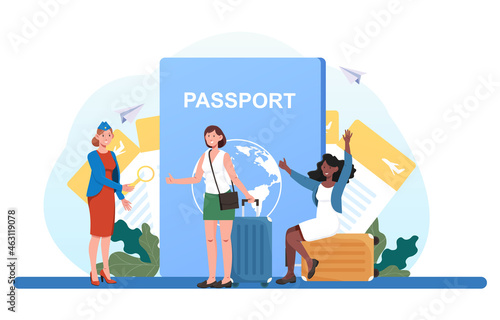 Conductor checks passport. Airport employee announced boarding of plane. Checking tickets and passengers. Happy women fly on vacation. Cartoon flat vector illustration isolated on white background