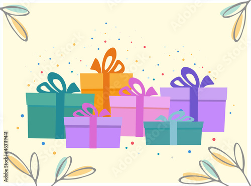 A large set of gifts. Set of bright holiday gifts in a flat style. Unexpected surprise in colorful boxes. Doodle leaf silhouette. A special holiday - Birthday with a bouquet of gifts. Vector, close up