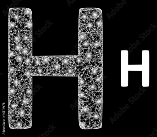 Magic mesh vector Eta Greek symbol with glare effect. White mesh, flash spots on a black background with Eta Greek symbol icon. Mesh and glare elements are placed on different layers.