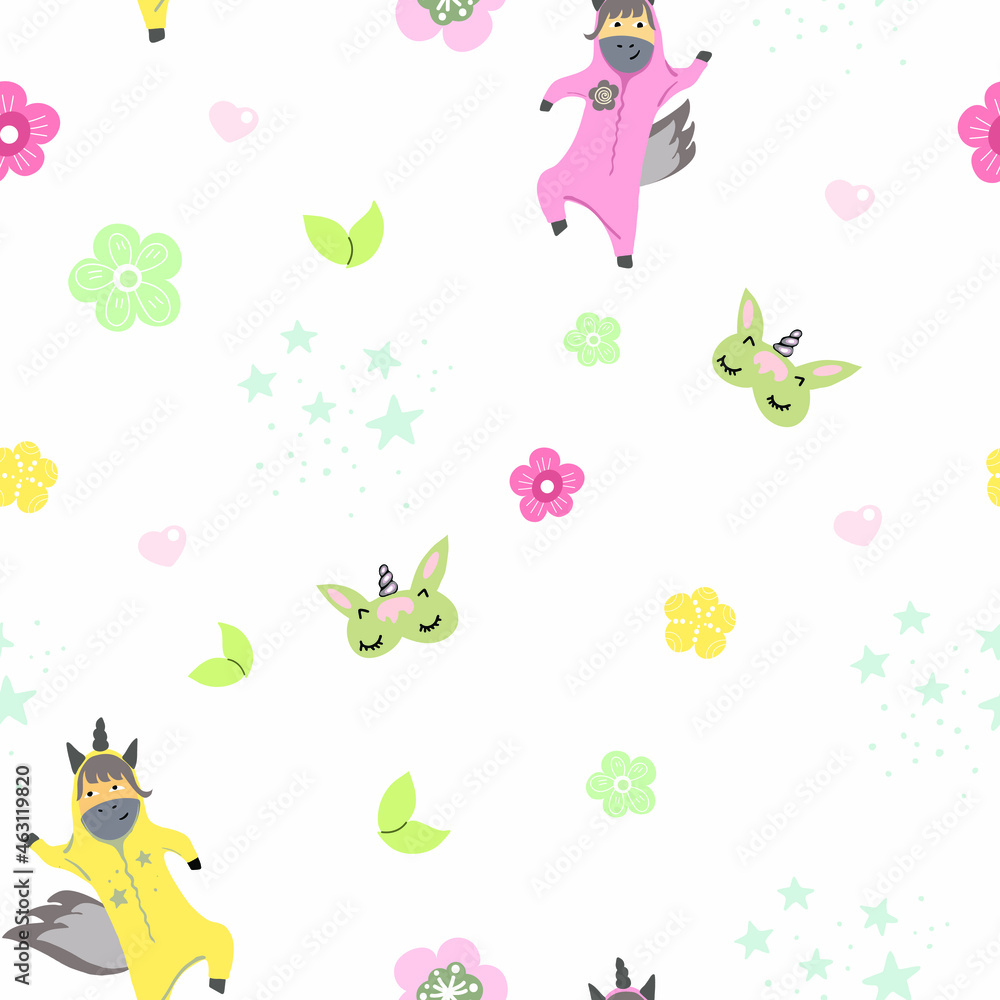 Seamless pattern with dancing unicorns, pajama party.