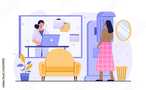 Woman standing at mammography machine. Doctor examines health of mammary glands of female character. Diagnosis and treatment. Cartoon modern flat vector illustration isolated on white background