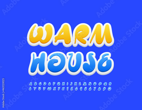 Vector trendy Sign Warm House. Playful Blue Font. Handwritten Alphabet Letters and Numbers.