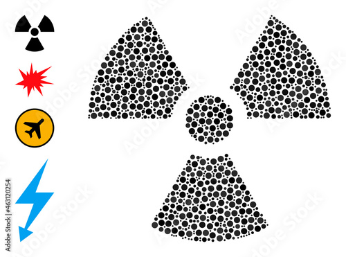 Circle collage radioactivity. Vector collage is based on radioactivity symbol, and formed of scattered round elements. Vector icon of radioactivity composed of irregular round dots.
