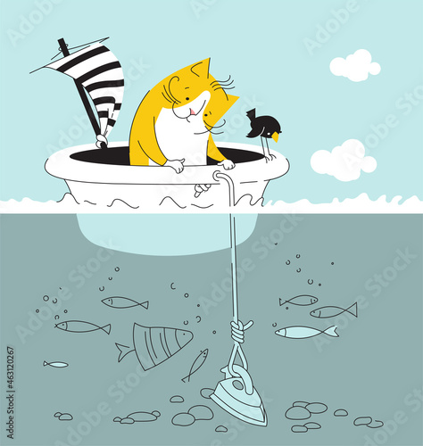 Funny cat  traveler is watching the fish