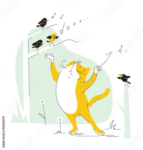 Funny cat conducts a choir of birds in the forest photo