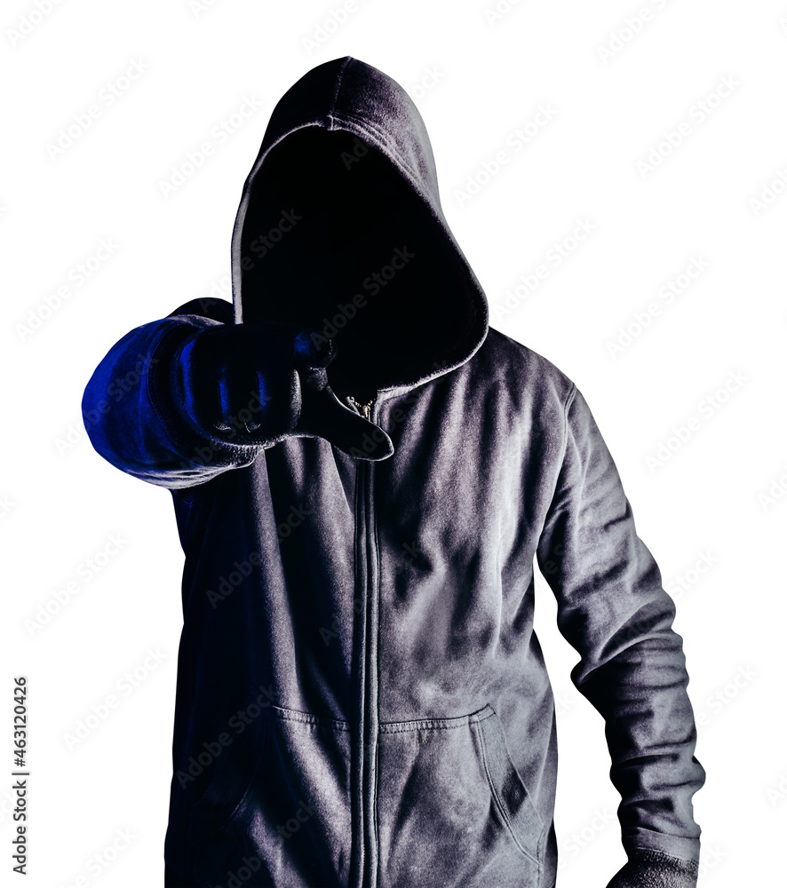 Isolated photo of scary horror stranger stalker man in black hood and clothing pointing finger gesture on white background.