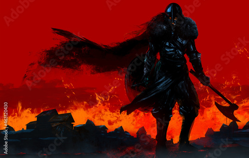 Illustration artwork of ancient viking fantasy warrior holding shiled and axe on burning city background.